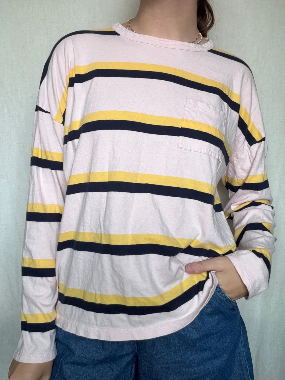 J Crew 100% cotton navy pink yellow long sleeve boxy shirt size large colorful